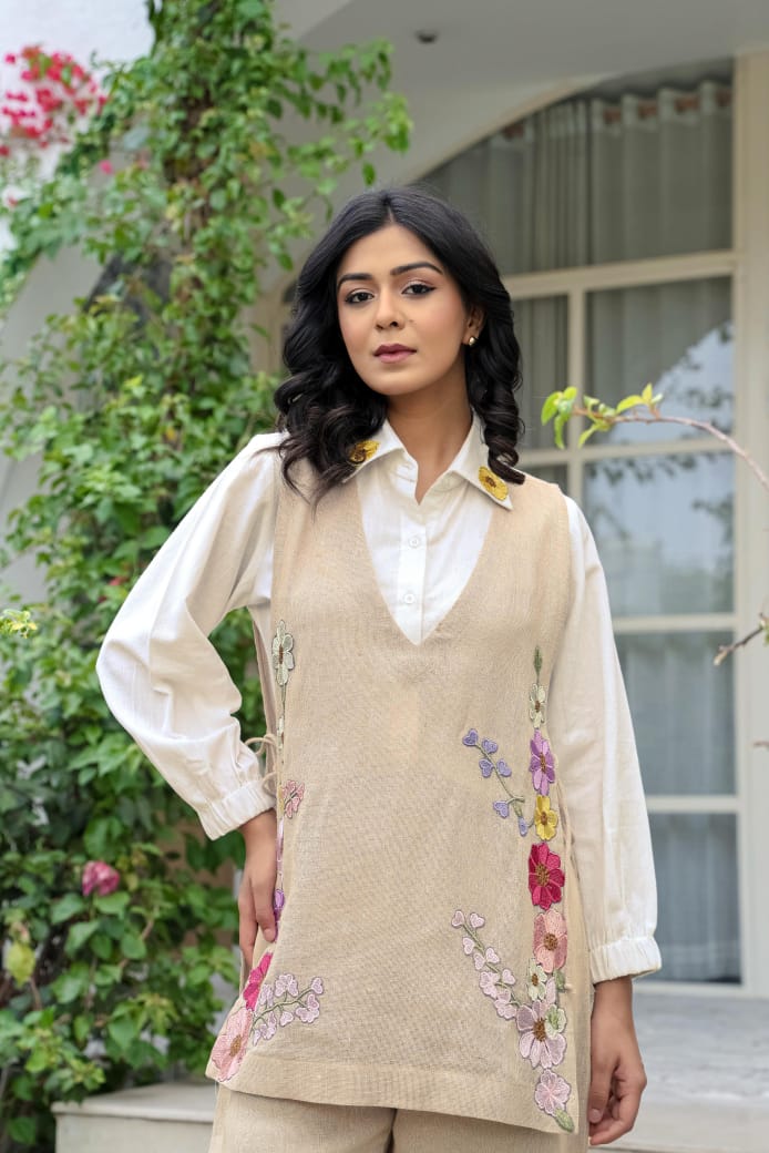 Jute Jacket Co-ord Set with Embroidered Cotton Shirt