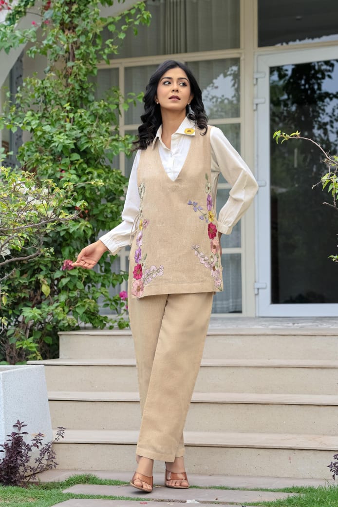 Jute Jacket Co-ord Set with Embroidered Cotton Shirt