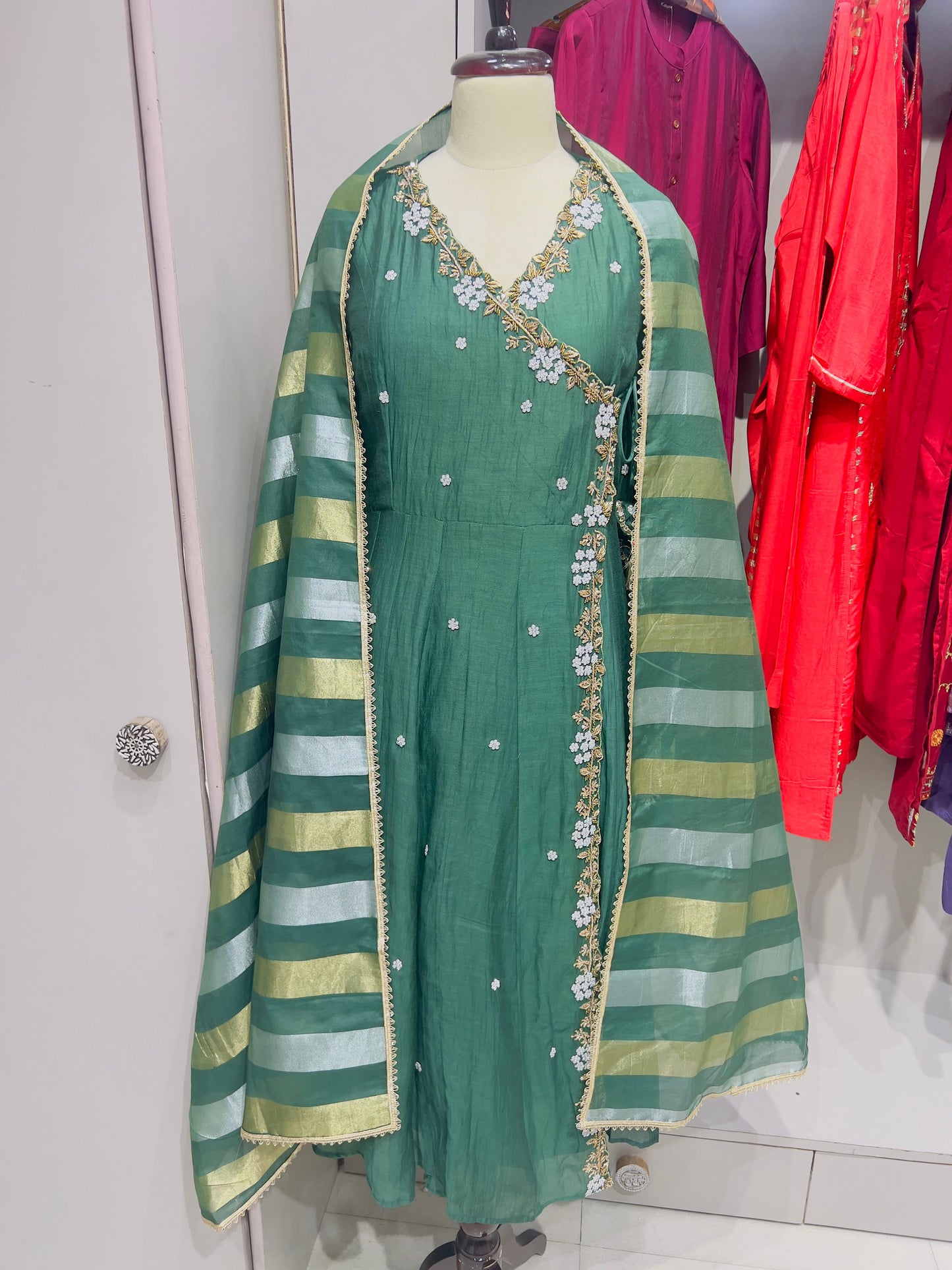 Mul Chanderi Angrakha Anarkali Set