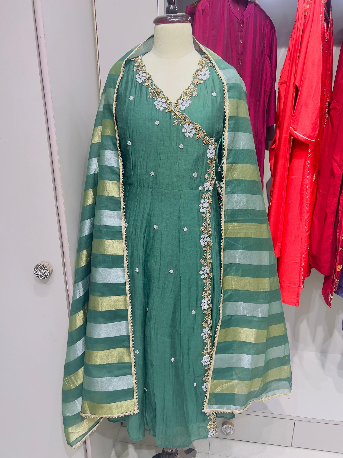 Mul Chanderi Angrakha Anarkali Set