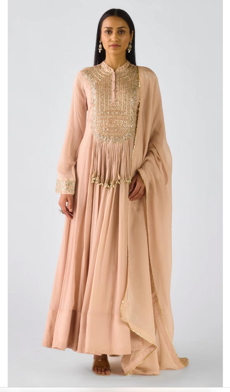 Rose Gold Crushed Tissue Long Anarkali Set