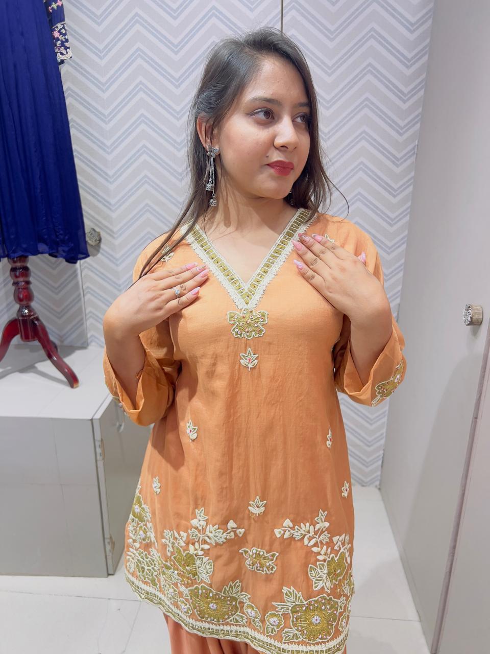 Peach & Chocolate Mul Chanderi Farshi Salwar Kurti Set