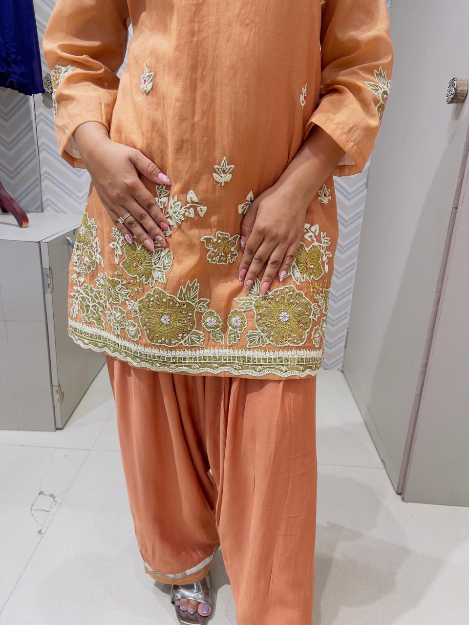 Peach & Chocolate Mul Chanderi Farshi Salwar Kurti Set
