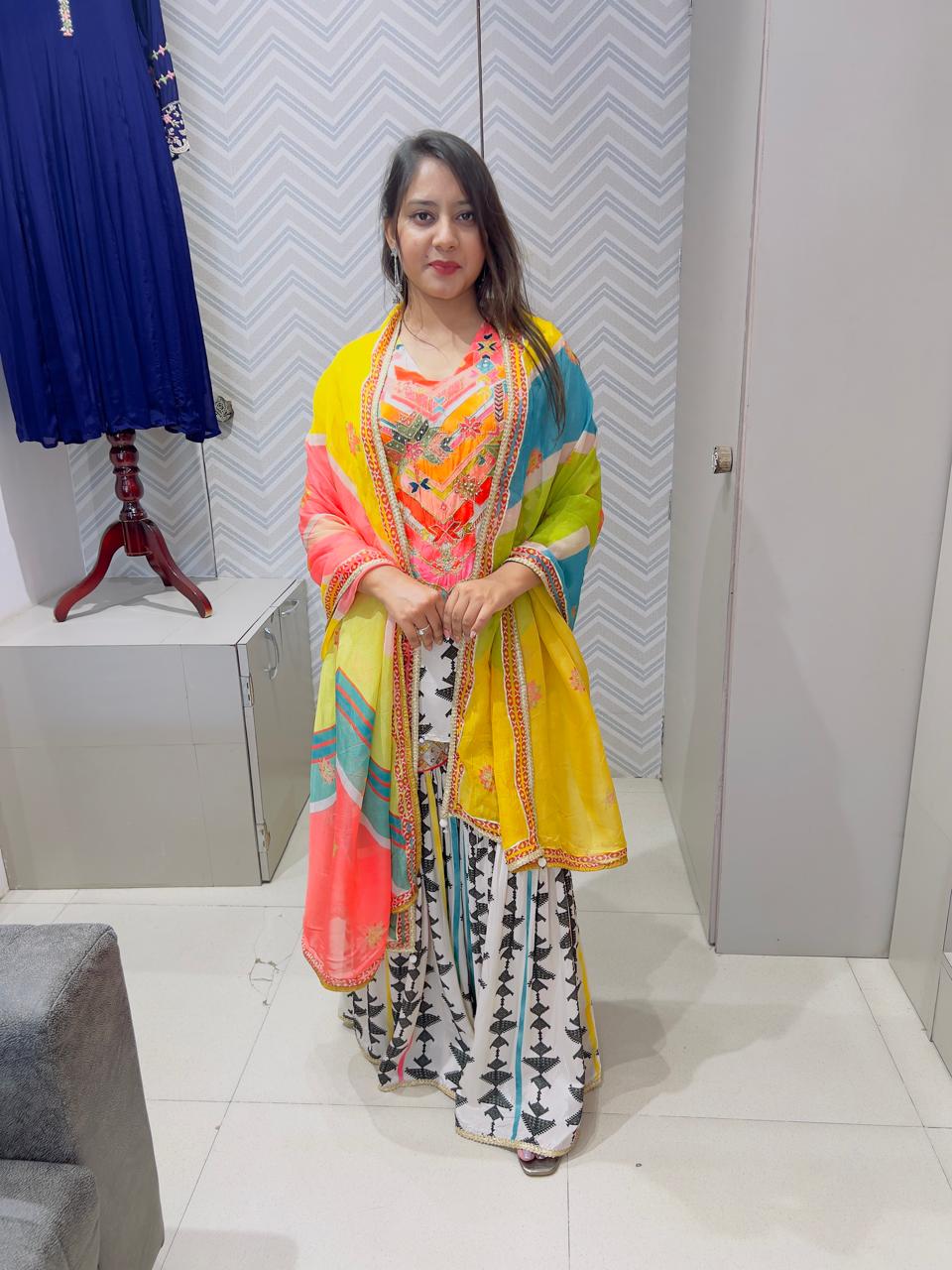 Black & White Natural Crepe Sharara Set with Multicolored Organza Dupatta