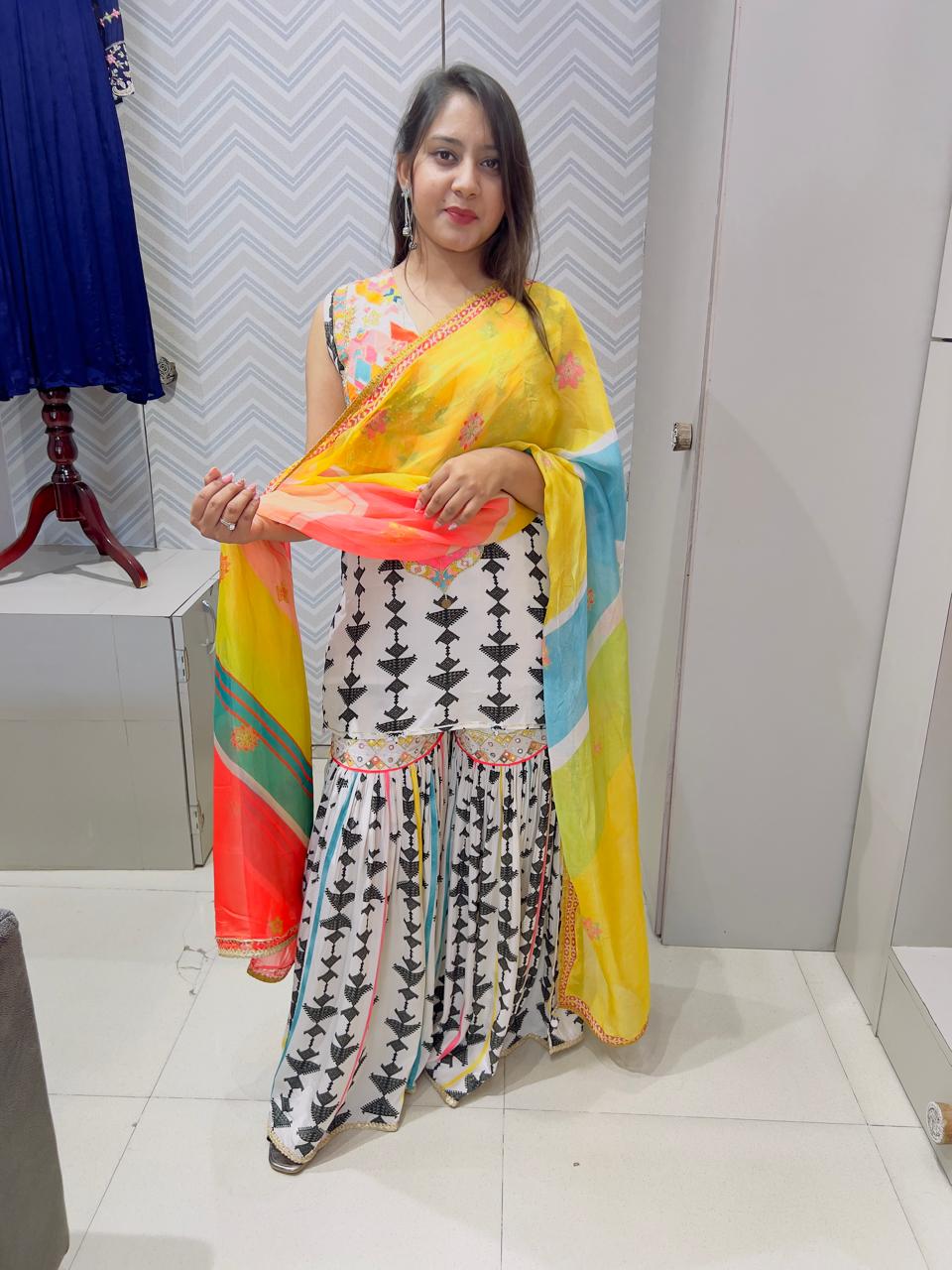 Black & White Natural Crepe Sharara Set with Multicolored Organza Dupatta