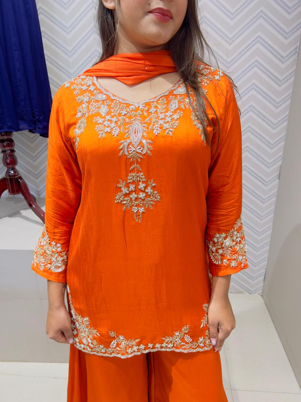 Orange Raw Silk Kurti Set with Flared Palazzo & Chiffon Dupatta