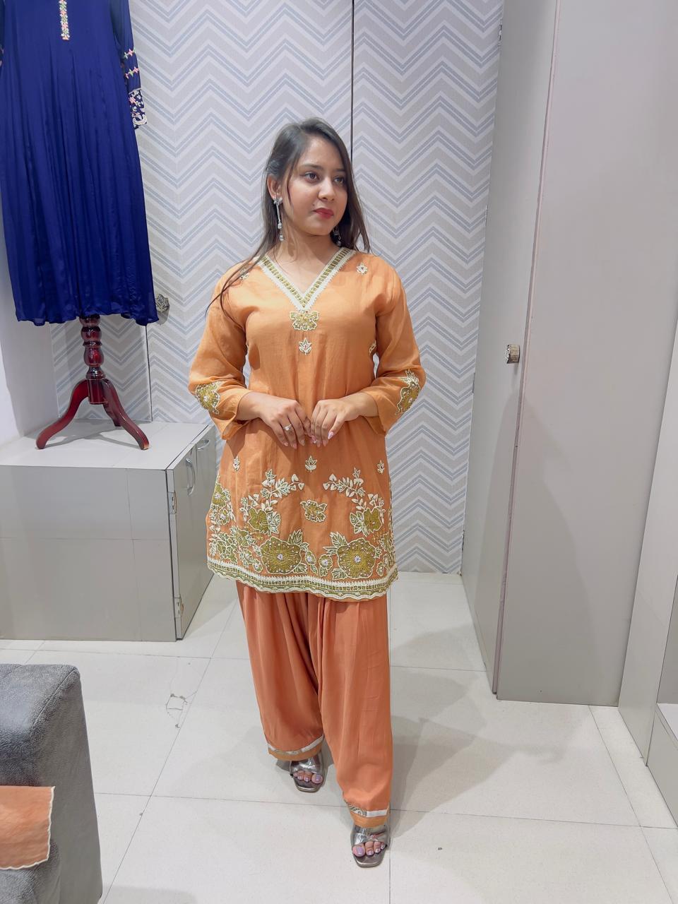 Peach & Chocolate Mul Chanderi Farshi Salwar Kurti Set