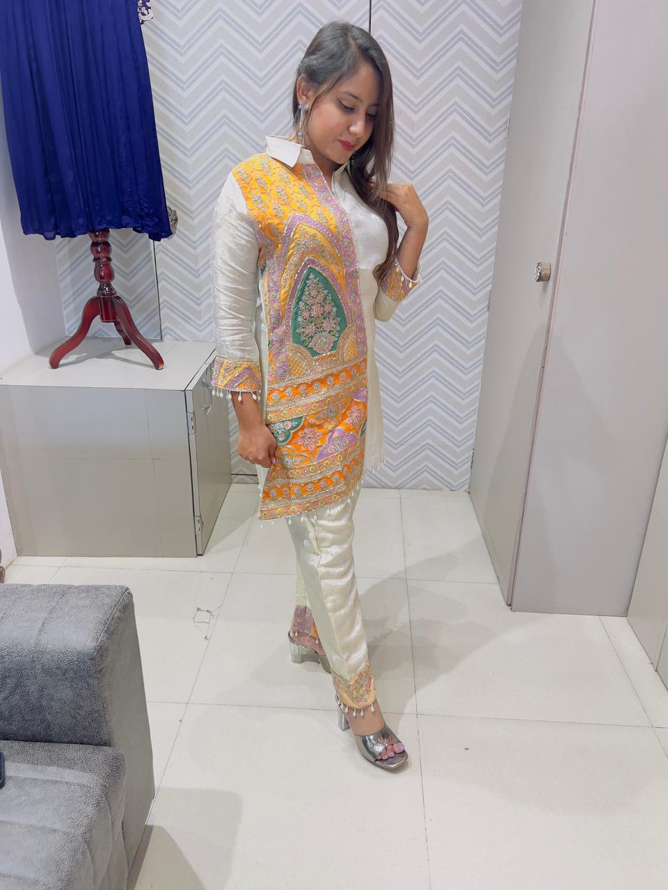 White Tissue Jacquard Co-ord Set with Multicolor Zari Embroidery