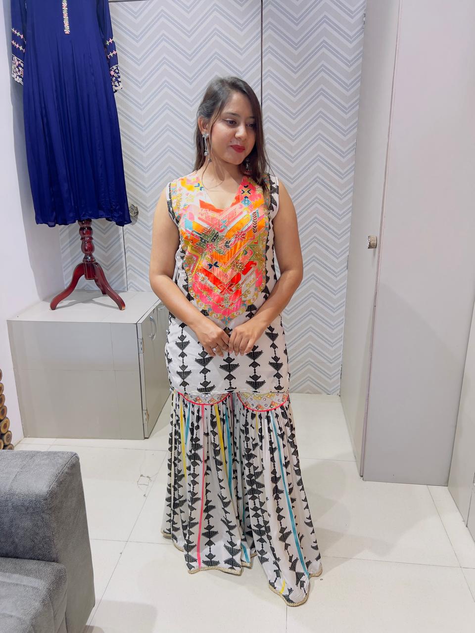Black & White Natural Crepe Sharara Set with Multicolored Organza Dupatta