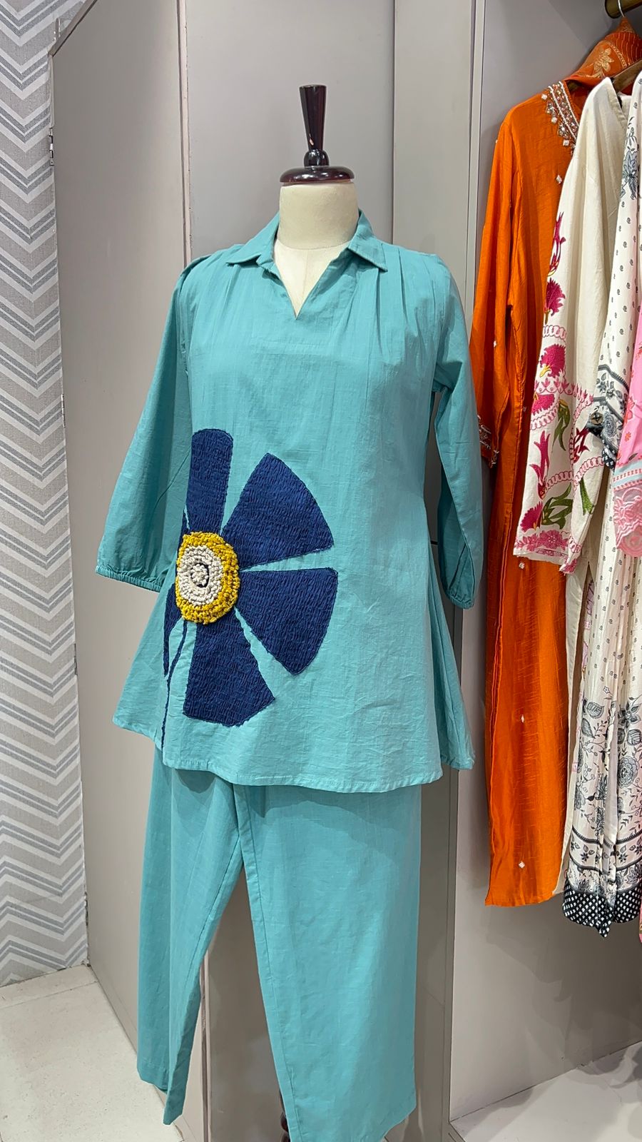 Pure Cotton Appliqué Co-ord Set – Saffron Yellow | Teal Sky