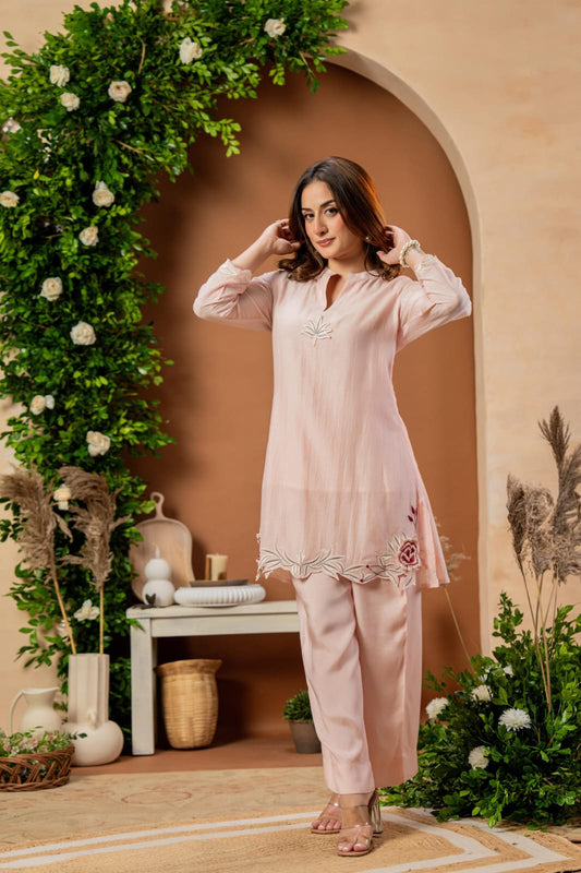 Light Pink Mul Chanderi Co-ord Set with Cut-Work Embroidery