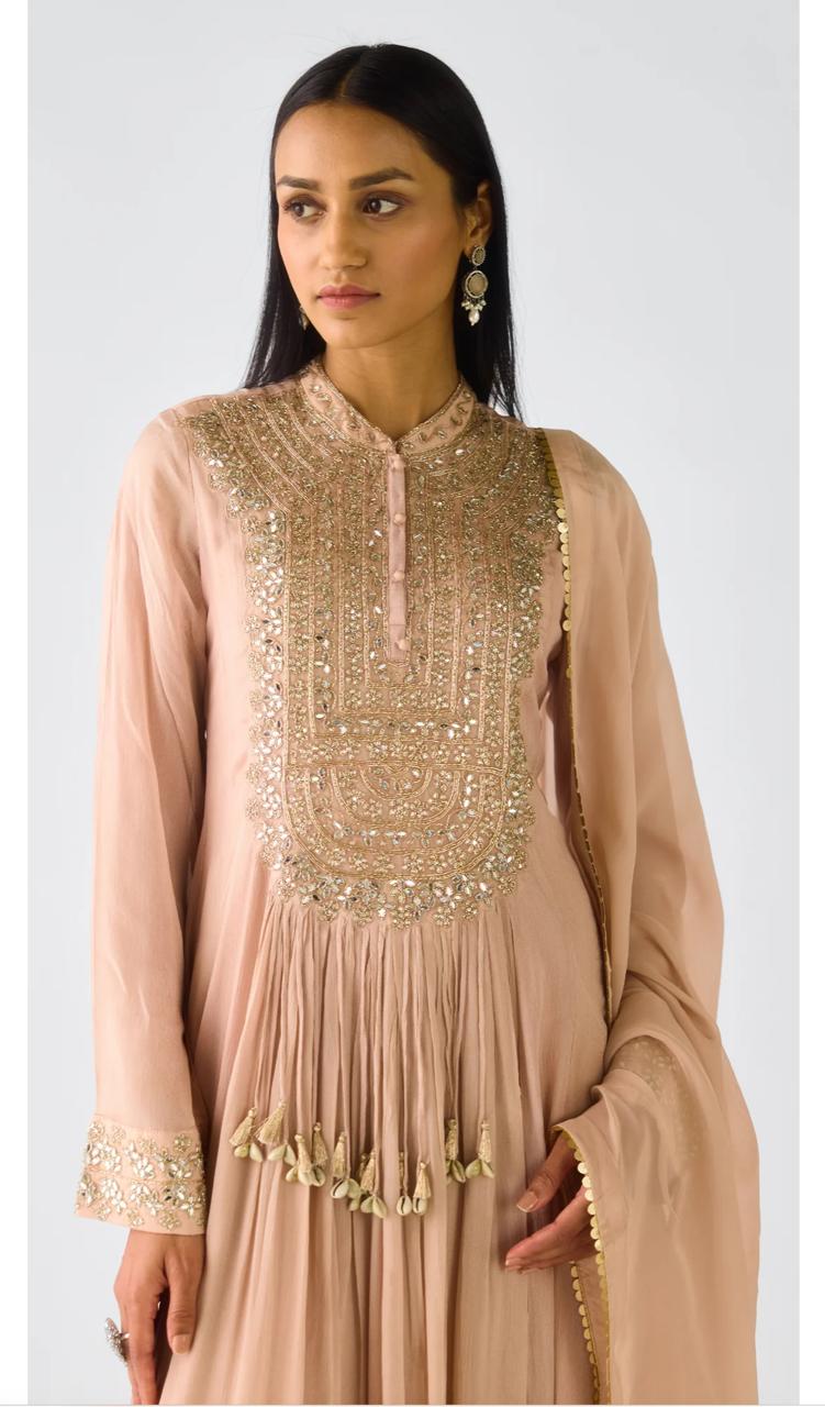 Rose Gold Crushed Tissue Long Anarkali Set