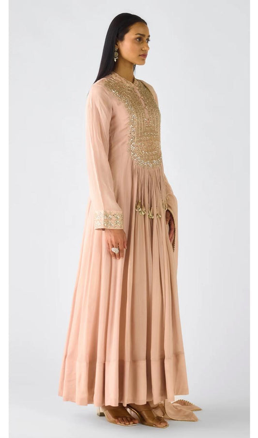 Rose Gold Crushed Tissue Long Anarkali Set