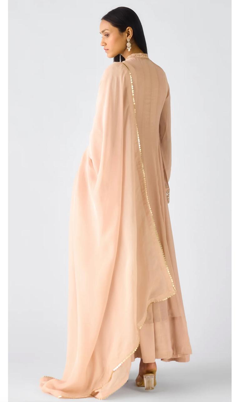 Rose Gold Crushed Tissue Long Anarkali Set