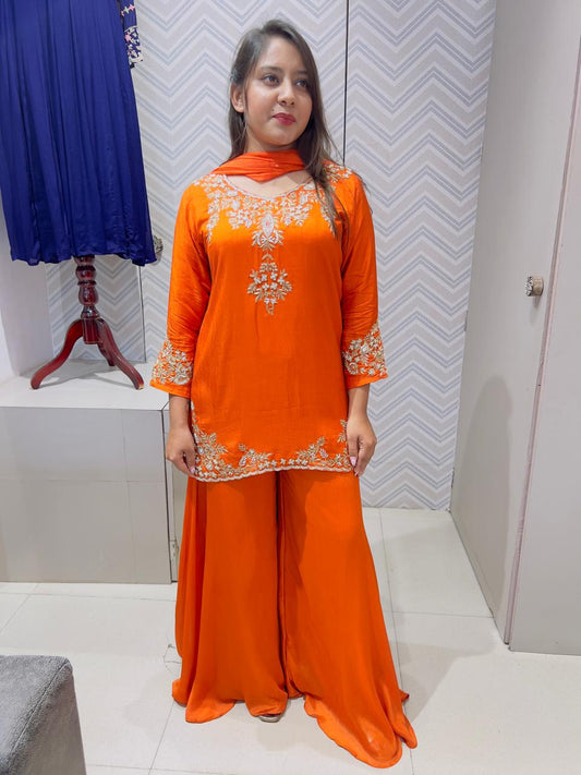 Orange Raw Silk Kurti Set with Flared Palazzo &amp; Chiffon Dupatta