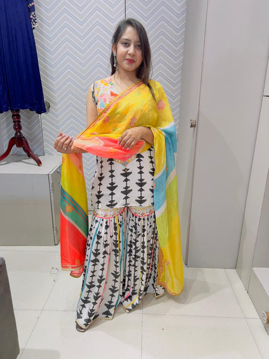 Black &amp; White Natural Crepe Sharara Set with Multicolored Organza Dupatta