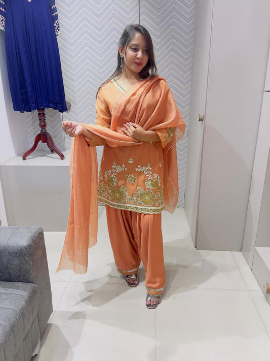 Peach &amp; Chocolate Mul Chanderi Farshi Salwar Kurti Set
