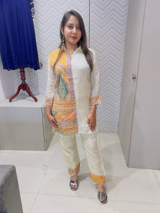 White Tissue Jacquard Co-ord Set with Multicolor Zari Embroidery