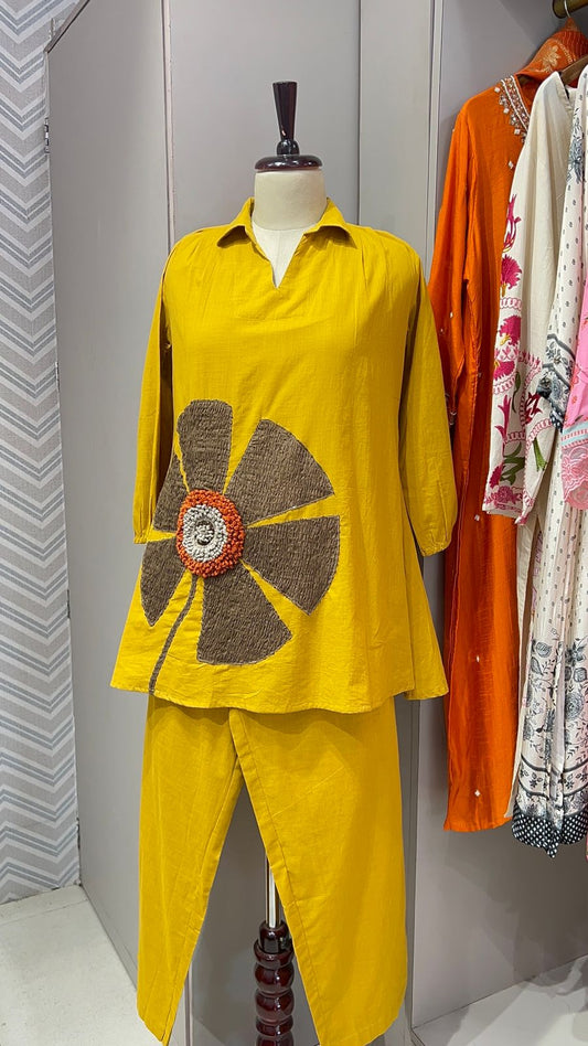 Pure Cotton Appliqué Co-ord Set – Saffron Yellow | Teal Sky